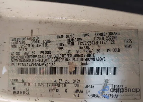 2010 Ford E-150 Commercial/Recreational из США, поврежденный, VIN 1FTNE1EW4ADA91133